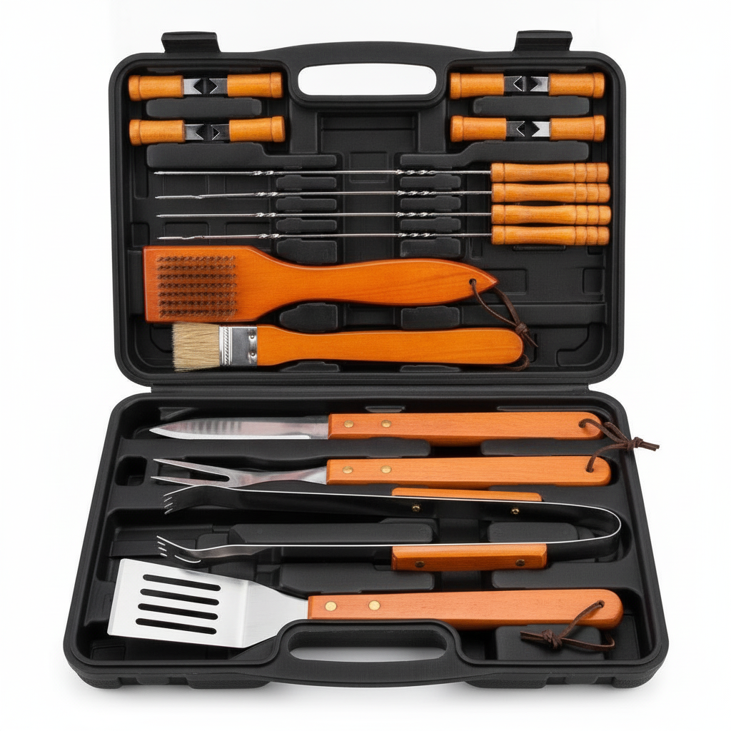 Set parrillero 18 piezas maleta rígida negra acero inox madera vista frontal abierta