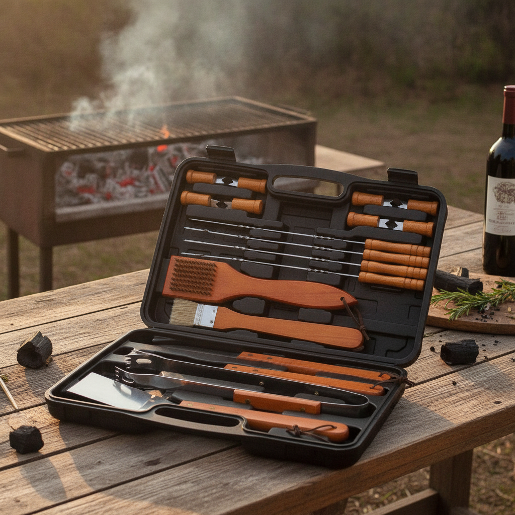 Set accesorios asado 18 piezas maleta abierta mesa exterior parrilla encendida fondo