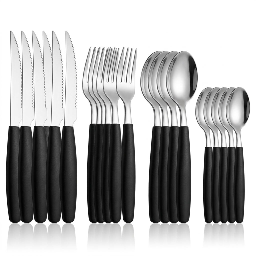 Set cubiertos 25 piezas mango negro acero inoxidable con bandeja organizadora vista superior