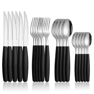 Set cubiertos 25 piezas mango negro acero inoxidable con bandeja organizadora vista superior