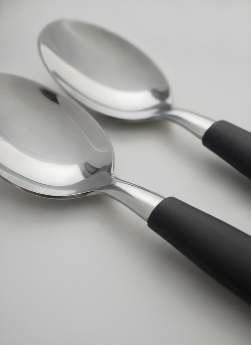 Mujer poniendo mesa con set cubiertos acero inoxidable mango negro comedor familiar