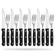 Set cubiertos asado 12 piezas acero inoxidable mango negro vista frontal fondo blanco