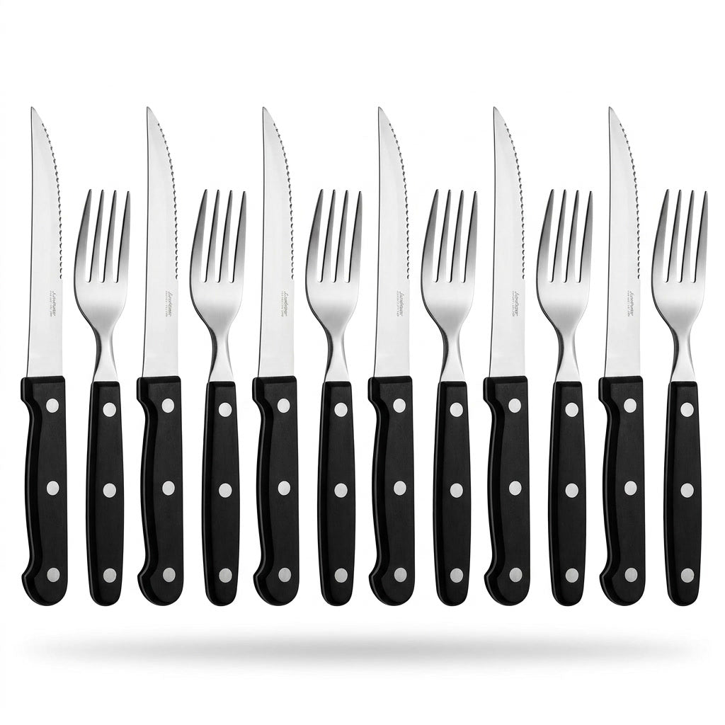 Set cubiertos asado 12 piezas acero inoxidable mango negro vista frontal fondo blanco