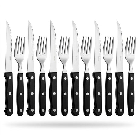Set cubiertos asado 12 piezas acero inoxidable mango negro vista frontal fondo blanco