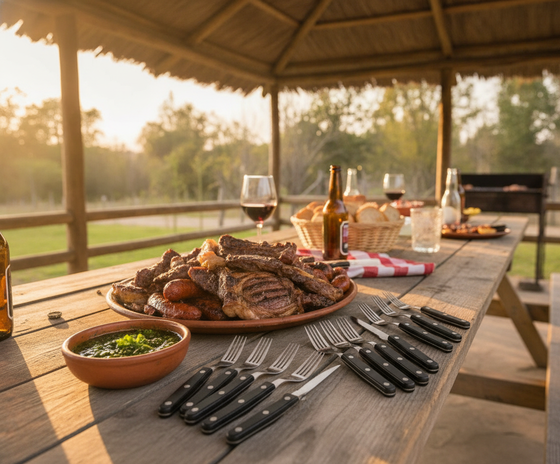 Set cuchillos tenedores asado parrilla chilena quincho sobre mesa de madera