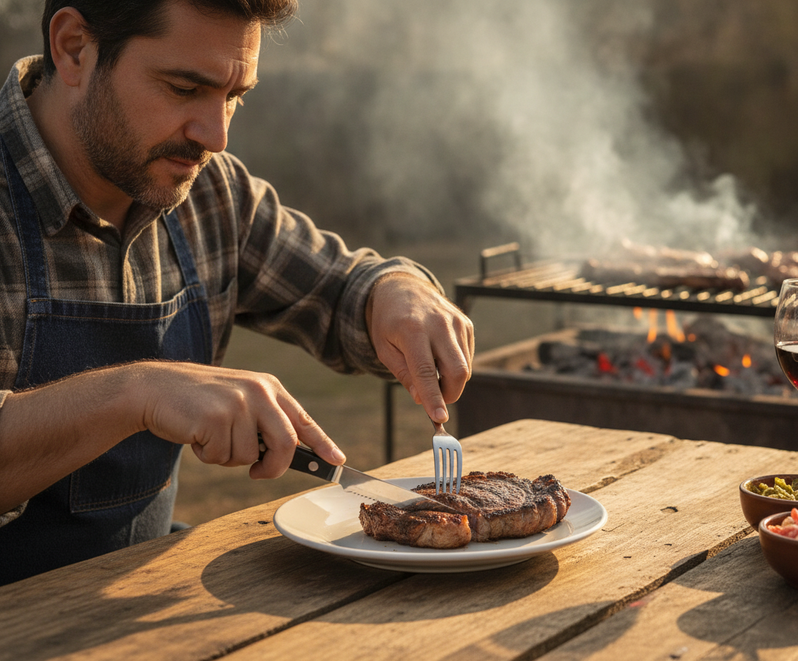 Hombre usando cuchillo de asado acero inoxidable mango negro parrilla exterior Chile