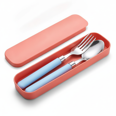 Set cubiertos portátiles acero inoxidable estuche coral vista frontal