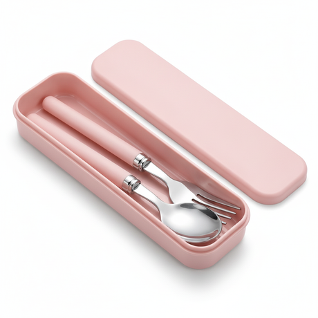 Set cubiertos portátiles acero inoxidable estuche rosa vista frontal completa
