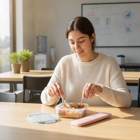 Mujer chilena usando cubiertos portátiles rosa lonchera oficina almuerzo