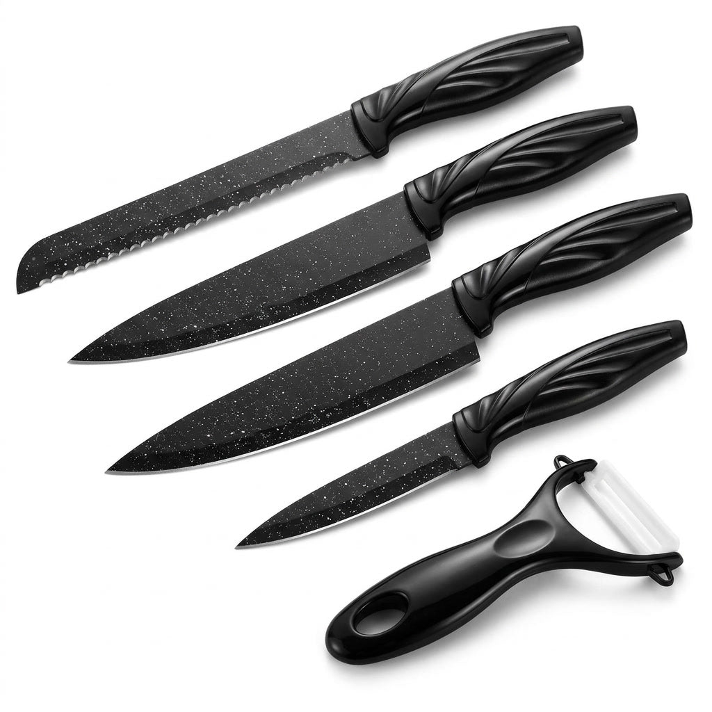 Set 6 cuchillos cocina antiadherente granito negro con pelador cerámica vista frontal