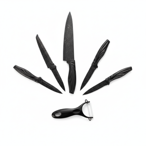 Set 6 cuchillos cocina antiadherente granito negro con pelador cerámica vista frontal