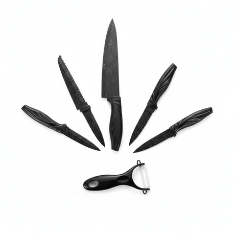 Set 6 cuchillos cocina antiadherente granito negro con pelador cerámica vista frontal