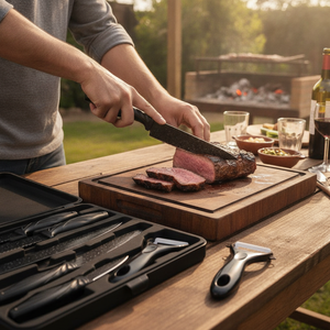 Cuchillo chef granito negro cortando asado quincho chileno set completo