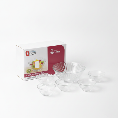 Set ensaladera vidrio templado 7 piezas Camden bowls transparente vista frontal