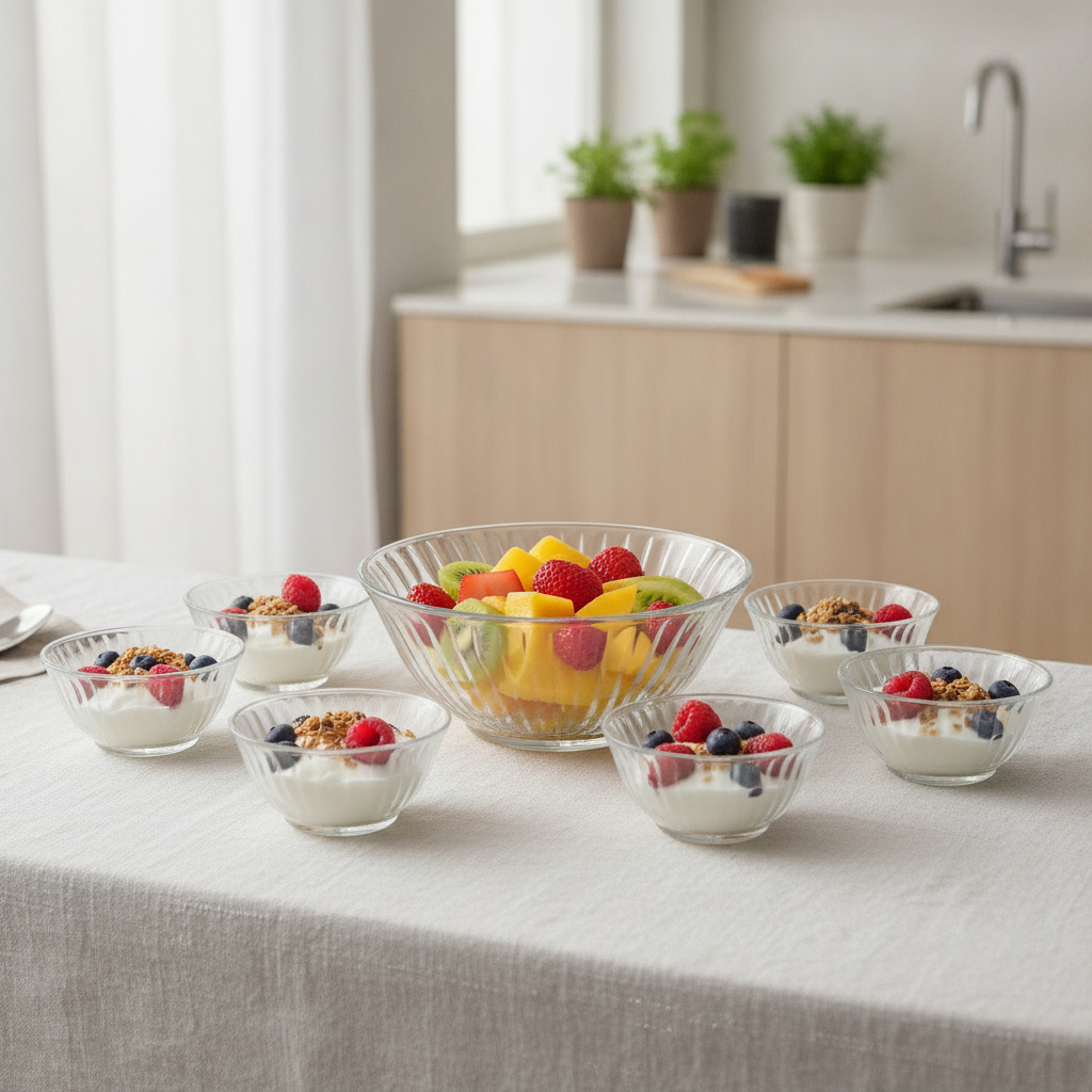 Juego ensaladera vidrio moderno cocina hogar chileno con frutas frescas