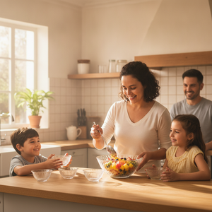 Mujer sirviendo ensalada bowl vidrio templado cocina chilena reunion familiar