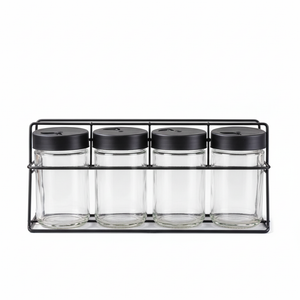 Set especieros 4 frascos vidrio base metalica negra vista frontal