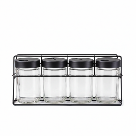Set especieros 4 frascos vidrio base metalica negra vista frontal