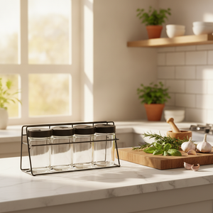 Especieros vidrio cocina chilena moderna mesón mármol condimentos