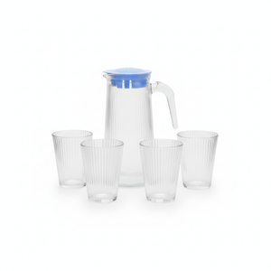 Set jarra vidrio 750ml con 4 vasos 160ml acanalados vista frontal fondo blanco