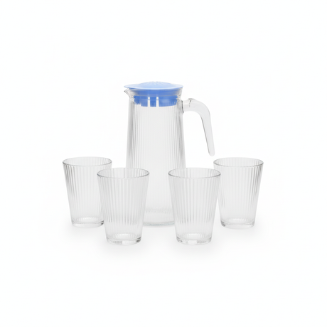 Set jarra vidrio 750ml con 4 vasos 160ml acanalados vista frontal fondo blanco