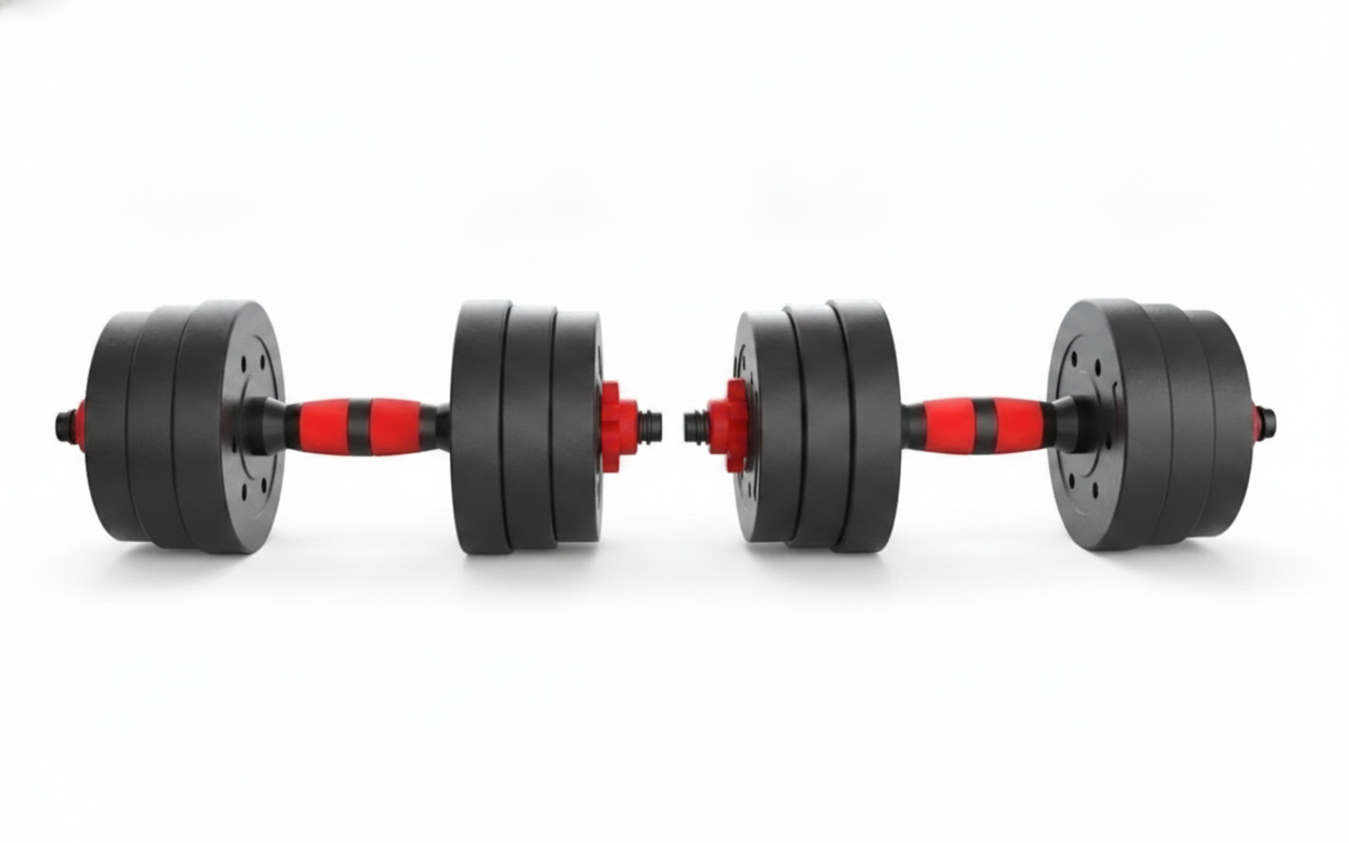 Set mancuernas ajustables 10kg barra armable discos negros y rojos vista frontal