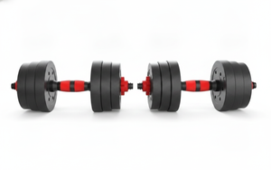 Set mancuernas ajustables 10kg barra armable discos negros y rojos vista frontal
