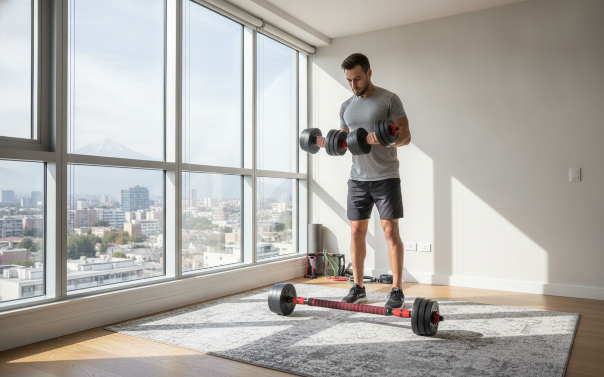 Hombre entrenando con mancuernas ajustables 10kg en living hogar chileno moderno