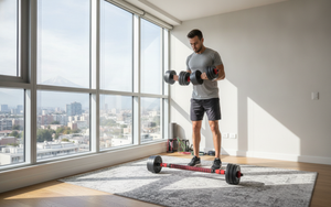 Hombre entrenando con mancuernas ajustables 10kg en living hogar chileno moderno
