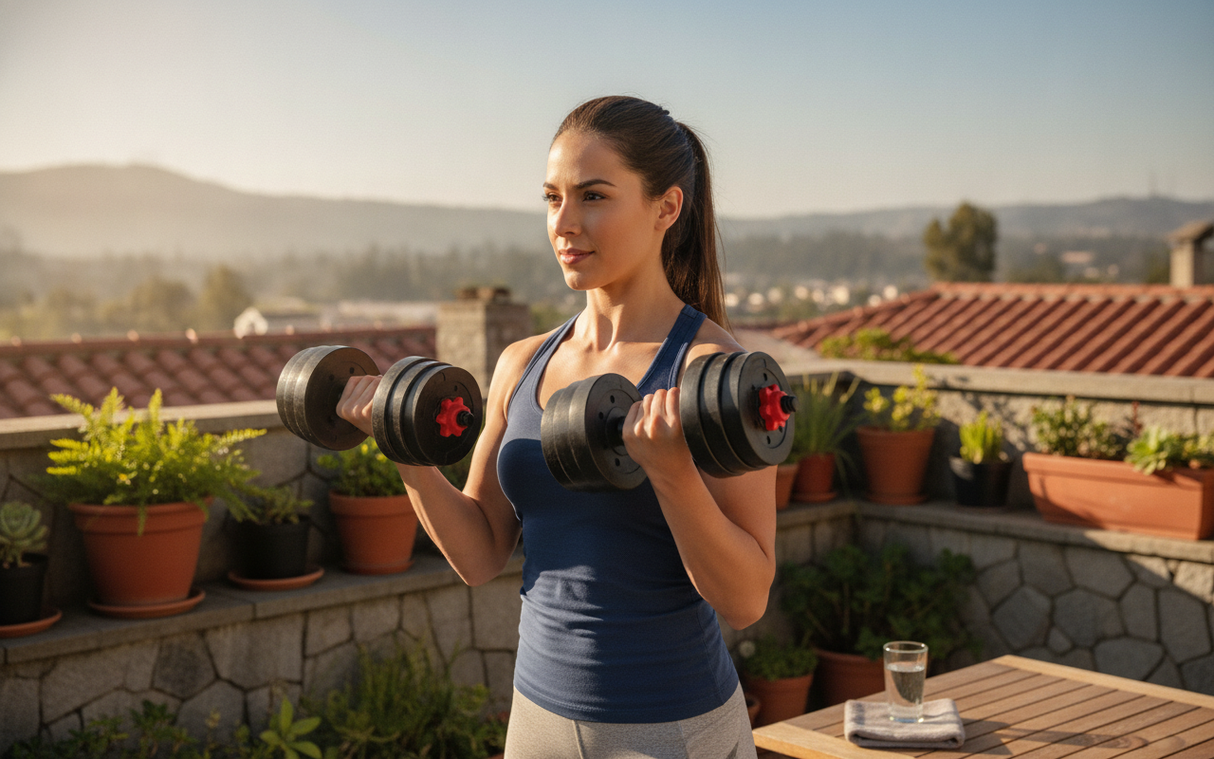 Mujer ejercitando con pesas ajustables en terraza chilena soleada entrenamiento hogar