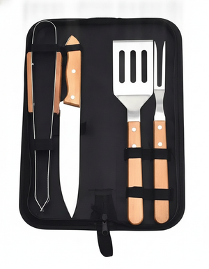 Set parrillero 4 piezas acero inoxidable mango madera con estuche negro vista superior