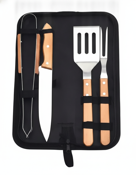 Set parrillero 4 piezas acero inoxidable mango madera con estuche negro vista superior