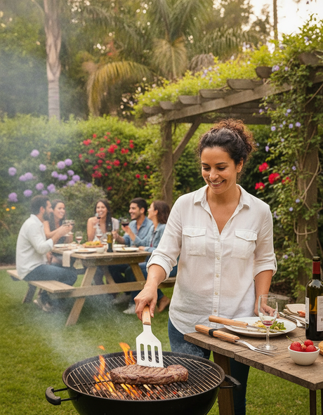 Hombre usando espátula parrillera acero inox en asado chileno quincho Fiestas Patrias