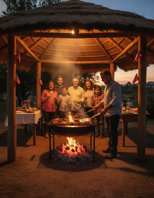 Mujer girando carne a la parrilla con espátula profesional mango madera jardín exterior