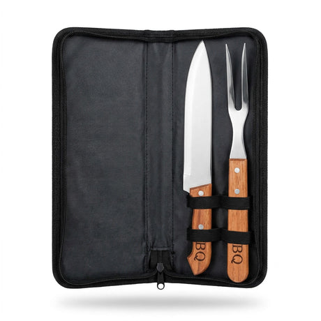 Set parrillero cuchillo pincho mango madera estuche negro vista frontal