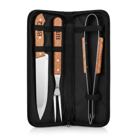 Set parrillero 3 piezas cuchillo pinza pincho mango madera estuche negro vista frontal