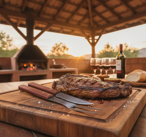 Set cuchilleria asado quincho chileno cuchillo tenedor mango madera parrilla