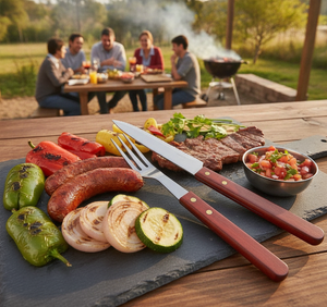 Set parrillero mango madera cubiertos asado familiar barbecue Chile exterior