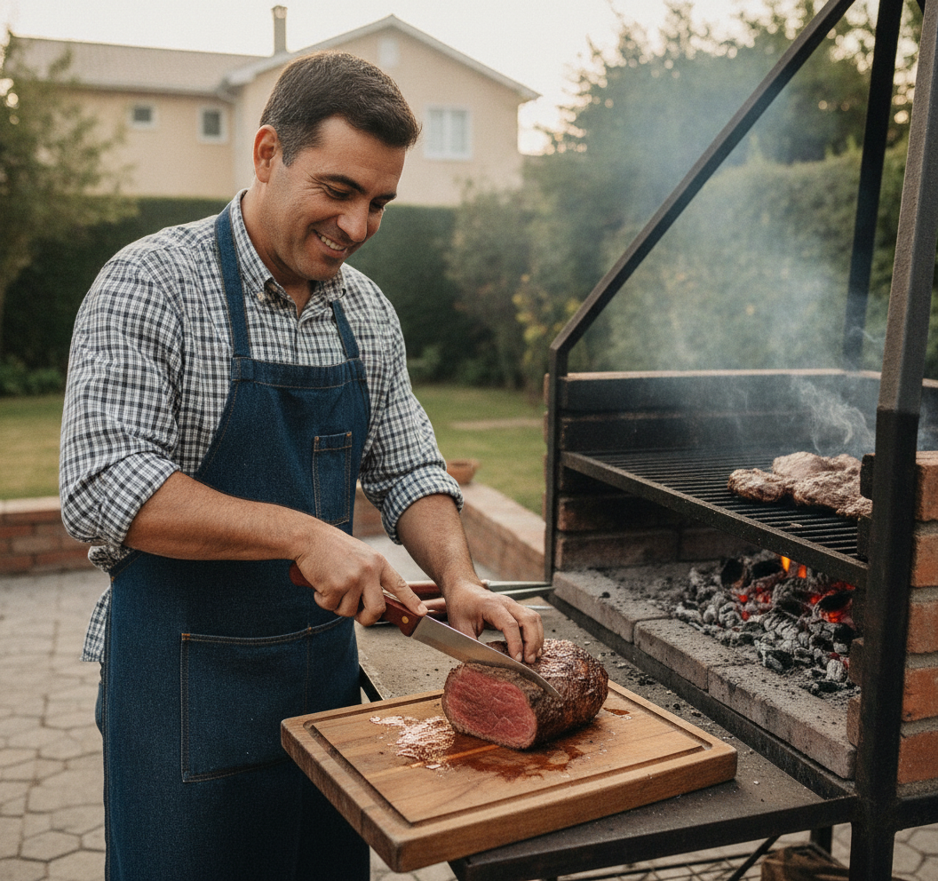Hombre chileno usando cuchillo parrilla mango madera cortar carne asado