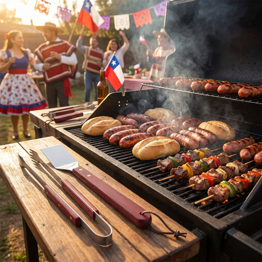 Set utensilios barbacoa parrilla asado chileno quincho exterior atardecer