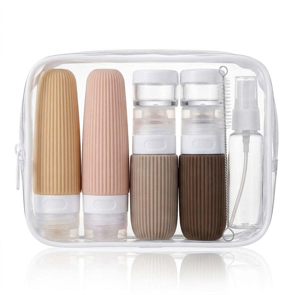 Set viaje 14 piezas botellas silicona neceser transparente vista frontal completo