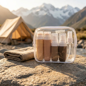 Neceser viaje mujer botellas silicona coloridas en maleta carry-on apartamento chileno