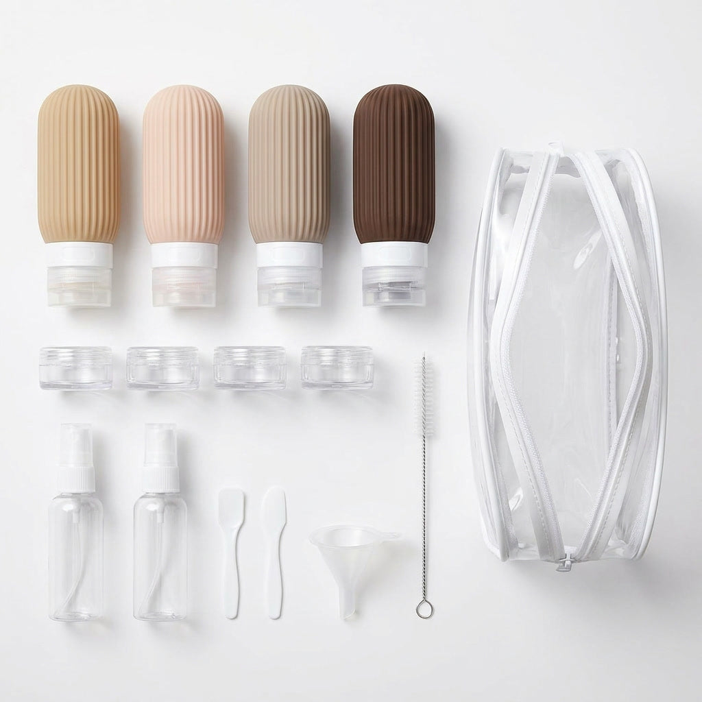 Kit frascos silicona viaje coral y rosado estante baño toalla hogar chileno