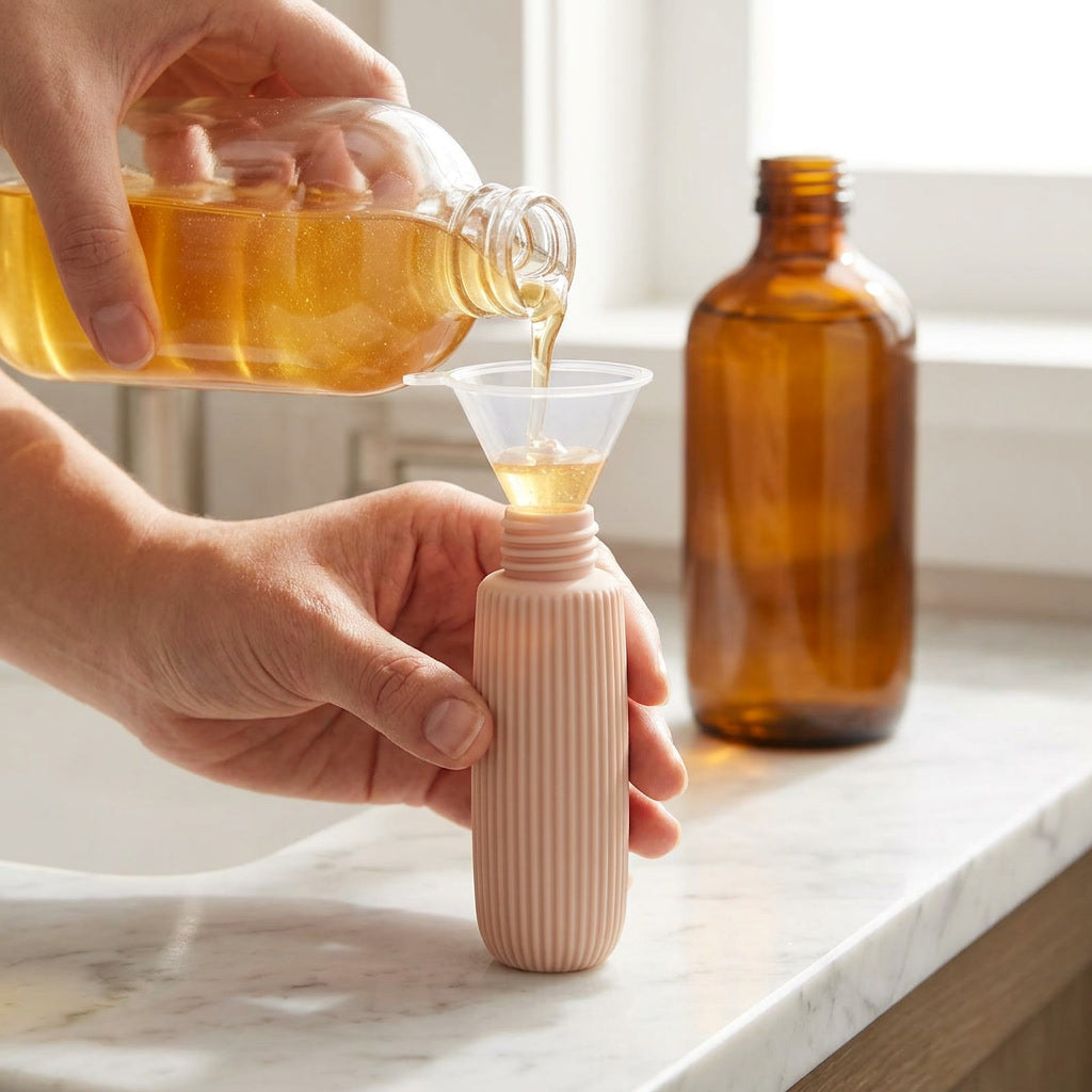 Mujer llenando frasco silicona viaje 90ml shampoo lavamanos cotidiano