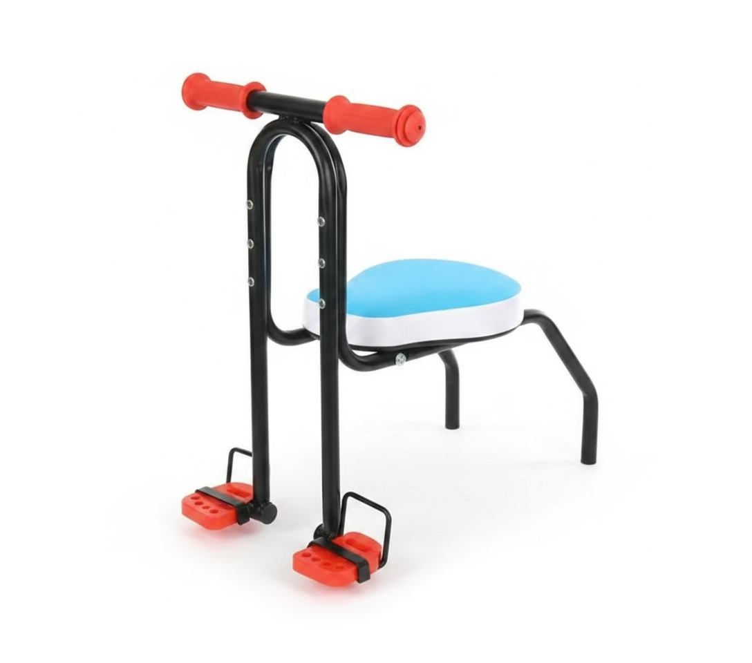 Silla delantera para bicicleta niños acero negro cojin azul vista frontal