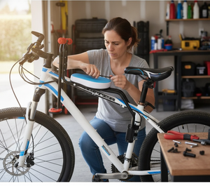 Padre e hijo en bicicleta con silla porta bebe delantera ciclovía chilena