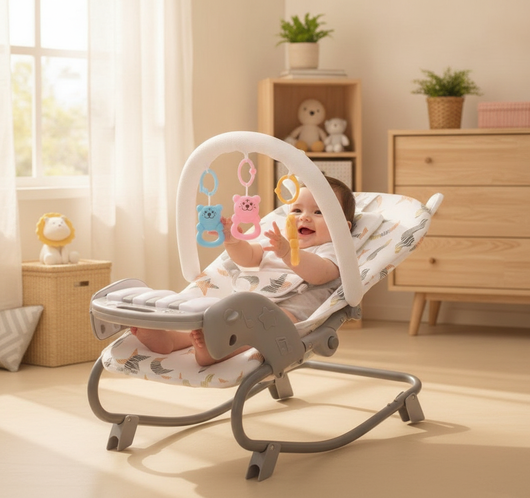 Bebé jugando con juguetes colgantes silla mecedora habitación luminosa