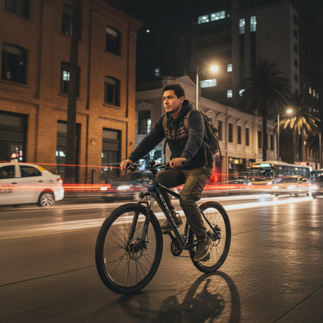 Ciclista urbano nocturno Santiago sillín antiprostático luz trasera roja encendida