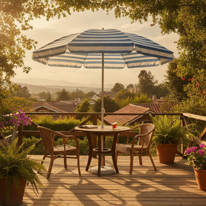 Quitasol terraza hogar chileno rayas bicolor proteccion solar exterior