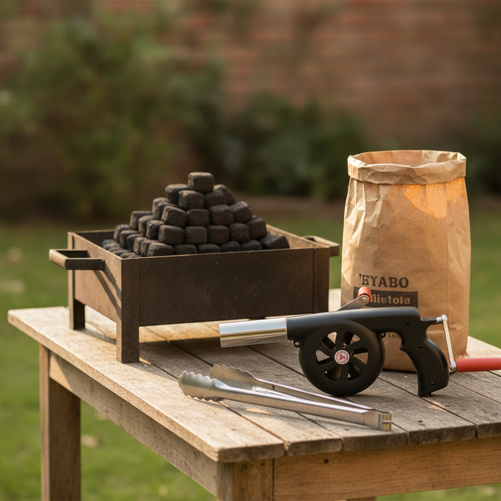 Accesorio parrillero fuelle manual junto a carbón y pinzas asado